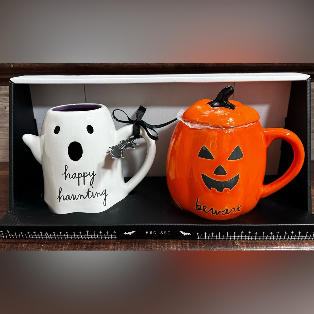 Cute 🥰 Halloween Happy Haunting Ghost and Beware Pumpkin Mug Set by Rae Du